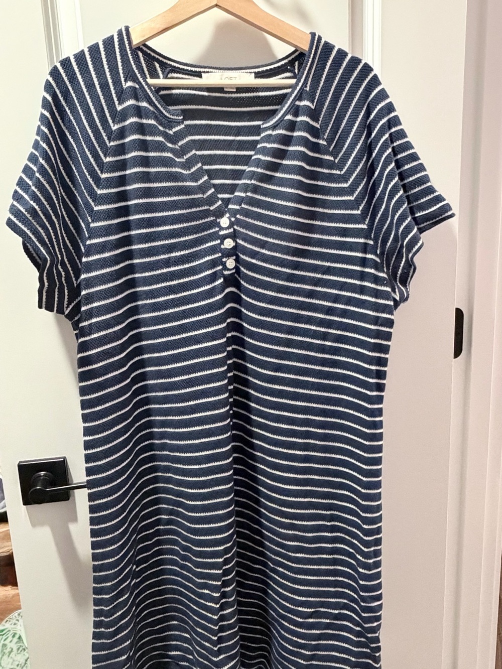 LOFT Navy & White Striped Henley Mini Dress